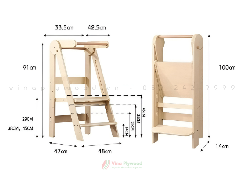 Tháp Học tập, ghế đứng bếp Montessori gấp gọn chất liệu plywood GB6811