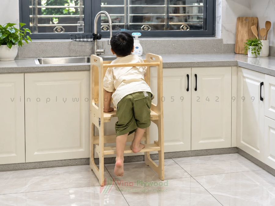 Tháp học tập gỗ đa năng 3 trong 1 cho trẻ em, bàn ghế gấp gọn, có bảng đen BG6816