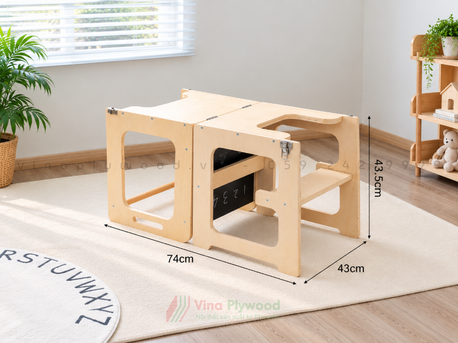 Tháp học tập gỗ đa năng 3 trong 1 cho trẻ em, bàn ghế gấp gọn, có bảng đen BG6816