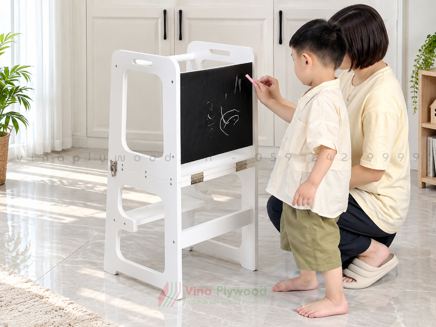 Tháp học tập gỗ đa năng 3 trong 1 cho trẻ em, bàn ghế gấp gọn, có bảng đen BG6816