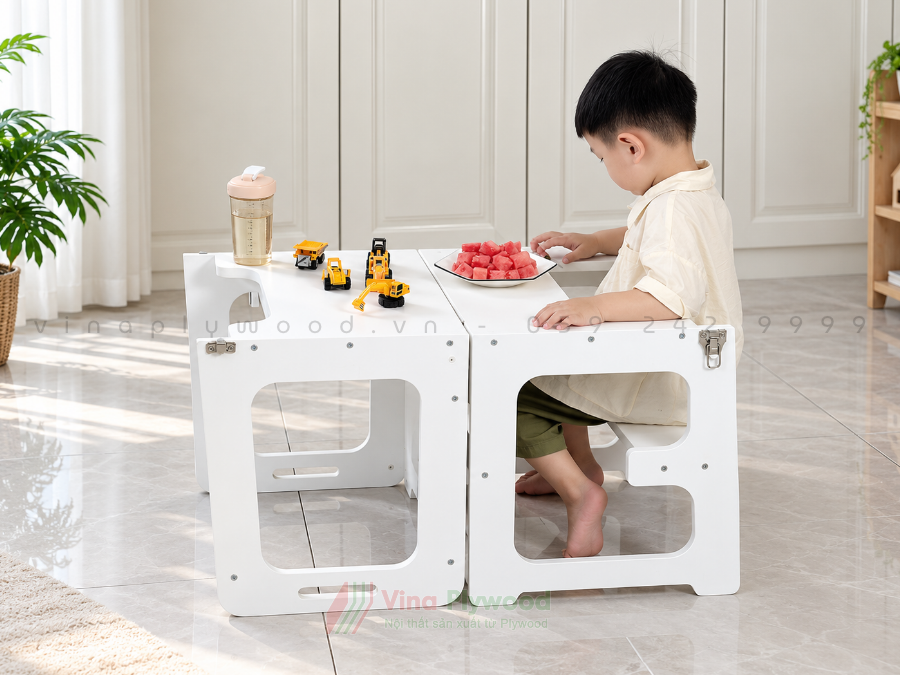 Tháp học tập gỗ đa năng 3 trong 1 cho trẻ em, bàn ghế gấp gọn, có bảng đen BG6816