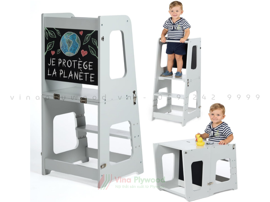 Tháp học tập gỗ đa năng 3 trong 1 cho trẻ em, bàn ghế gấp gọn, có bảng đen BG6816