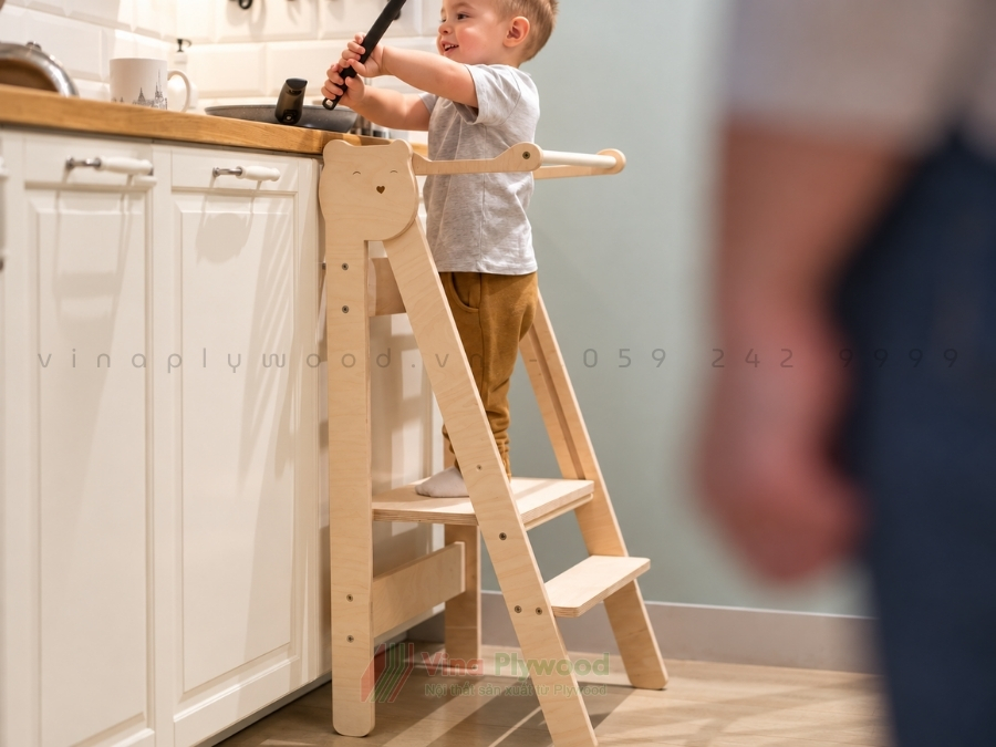 Ghế Đứng Bếp Cho Bé Gấp Gọn Hình Mèo, Có Bảng Phấn, 3 Mức Nâng Hạ BG6815