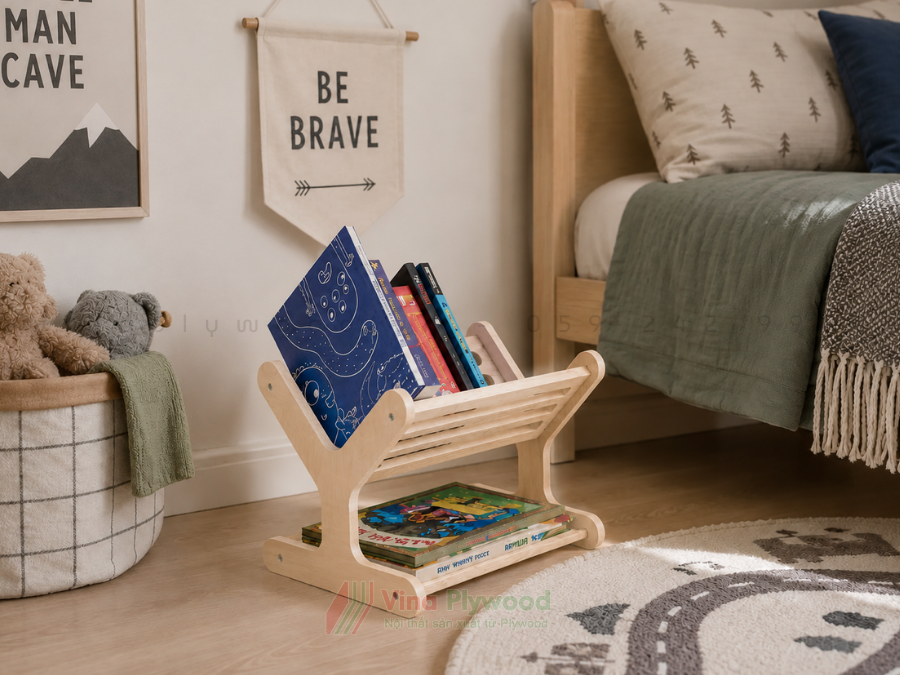 Bé trai sử dụng kệ sách Montessori TK6812 để lựa chọn truyện tranh, giúp hình thành thói quen đọc sách và tự sắp xếp sách.