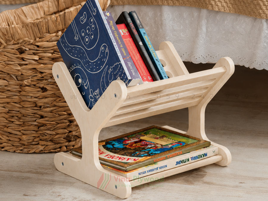 Kệ sách Montessori TK6812 bằng gỗ Plywood đặt cạnh giỏ đồ chơi, lưu trữ nhiều sách truyện trên hai tầng tiện lợi.